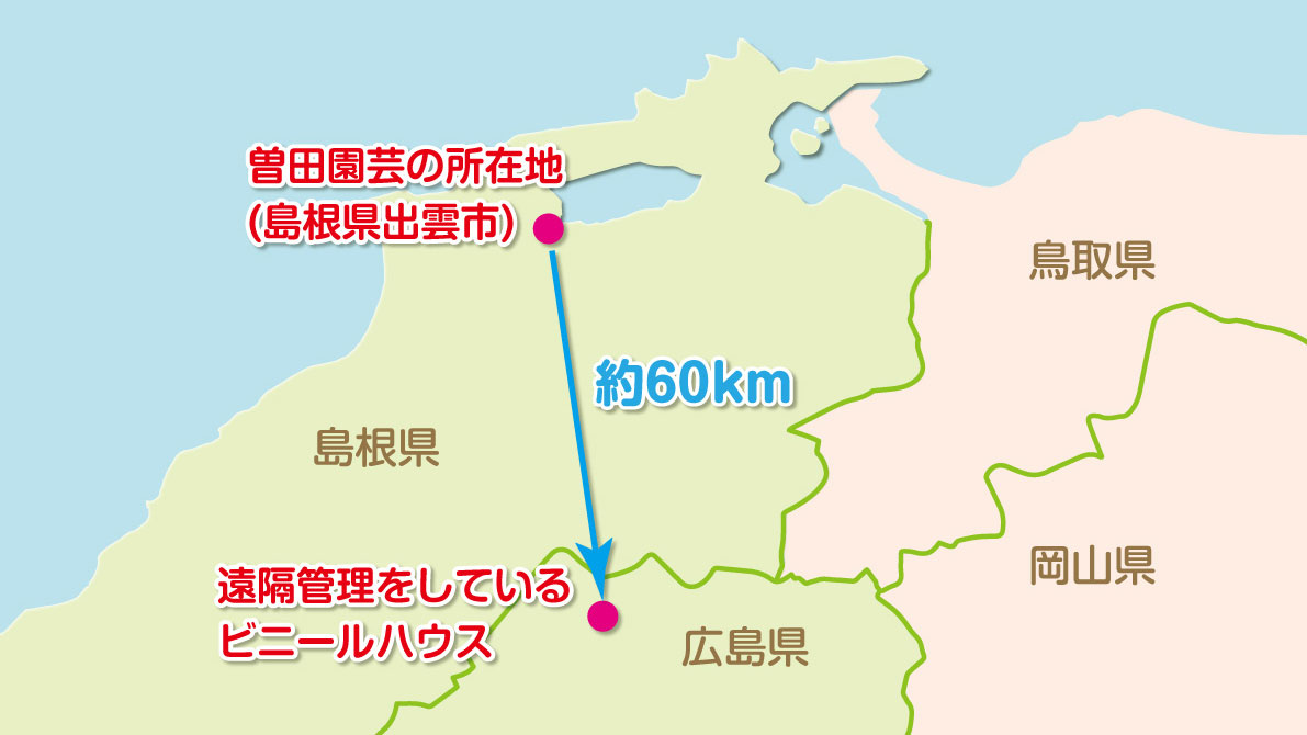 曽田園芸と、遠隔管理をしているビニールハウスの位置関係