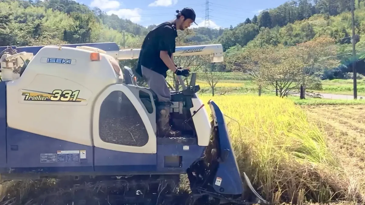 稲刈りをする水津満共さん